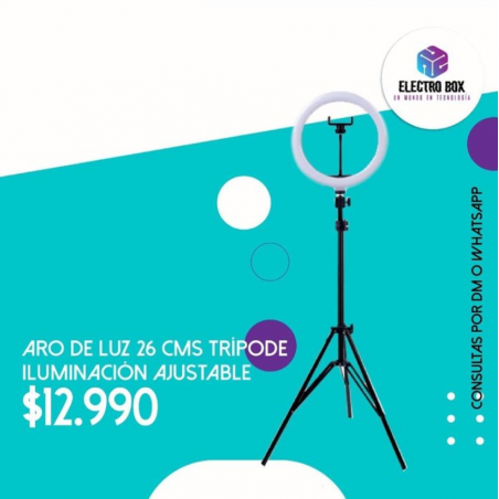 Aro luz led 26 cm, 3 tipos de luz, incluye soporte para teléfono y trípode.